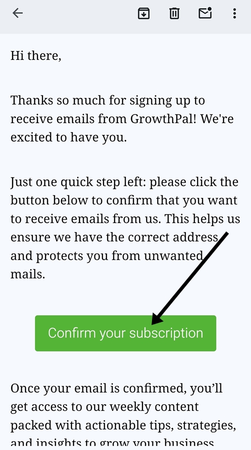 GrowthPal email confirmation screenshot